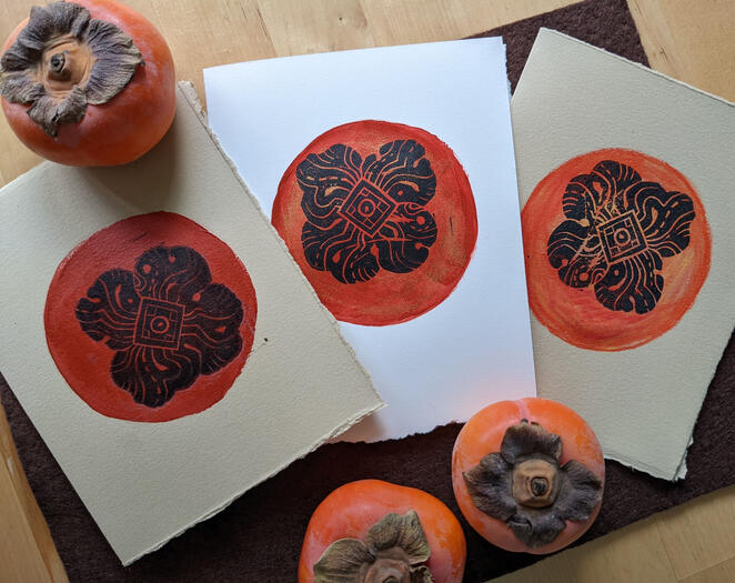 Persimmons - Linocut on acrylic paint. Original art.