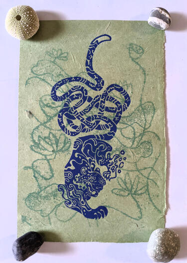 Tiger Pond - Linocut on trace monotype. Original art.