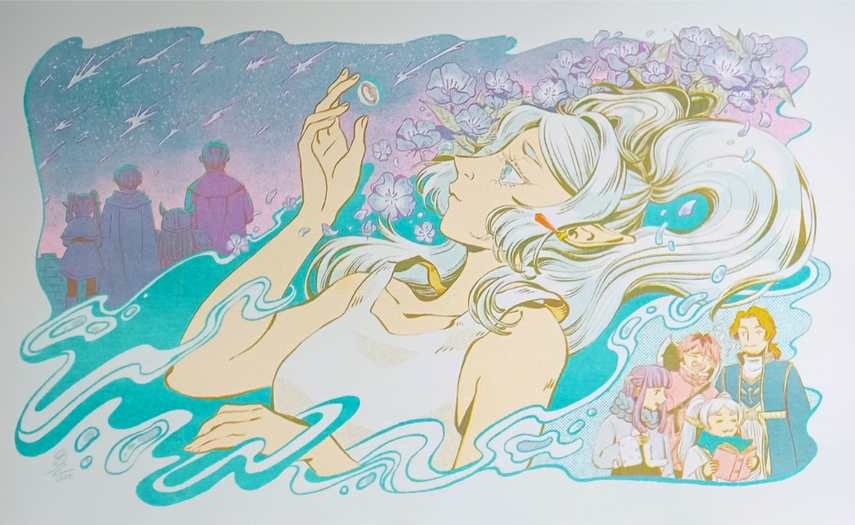 Frieren - 3 color risograph print in mint, flourescent pink, and yellow. Fanart.