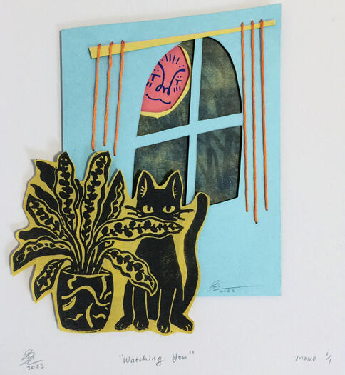 Watching You - Multimedia collage with linocut, gel plate print, acrylic marker, and embroidery. Original art.