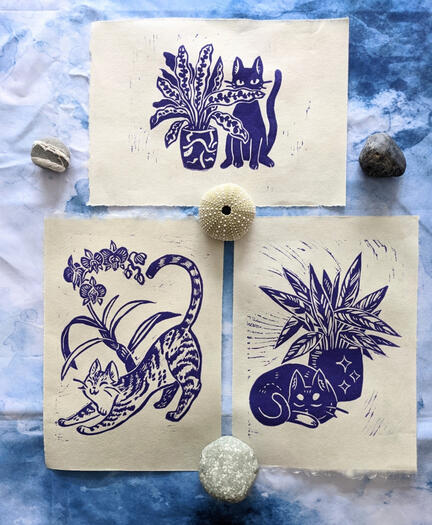 Felines &amp; Fronds - Linocuts. Original art.