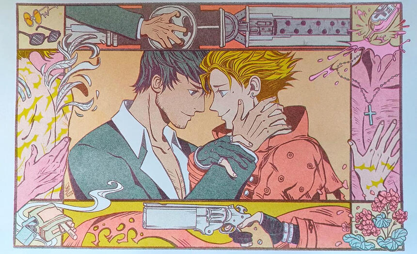 All Our Tomorrows - Trigun Maximum. 3 color risograph print in green, flourescent pink, and yellow. Fanart.