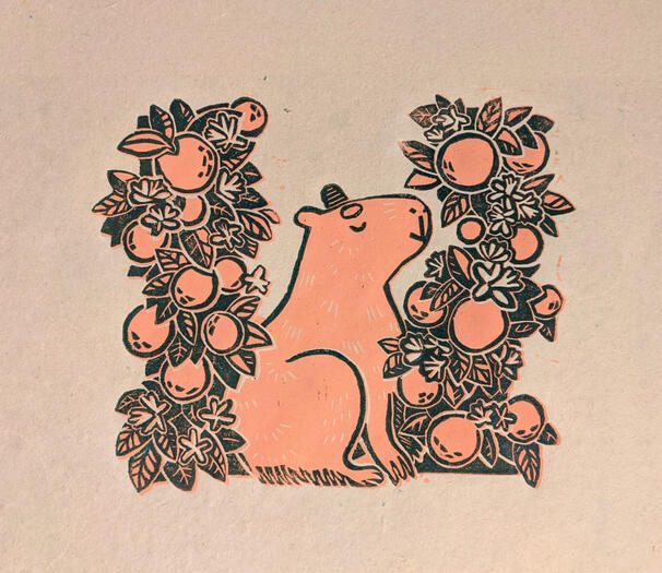 Just a Capybara Chilling in a Citrus Grove - Linocut. Original art.